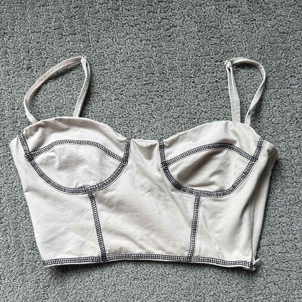 Princess Polly Cream Crop Top with Black Stitching